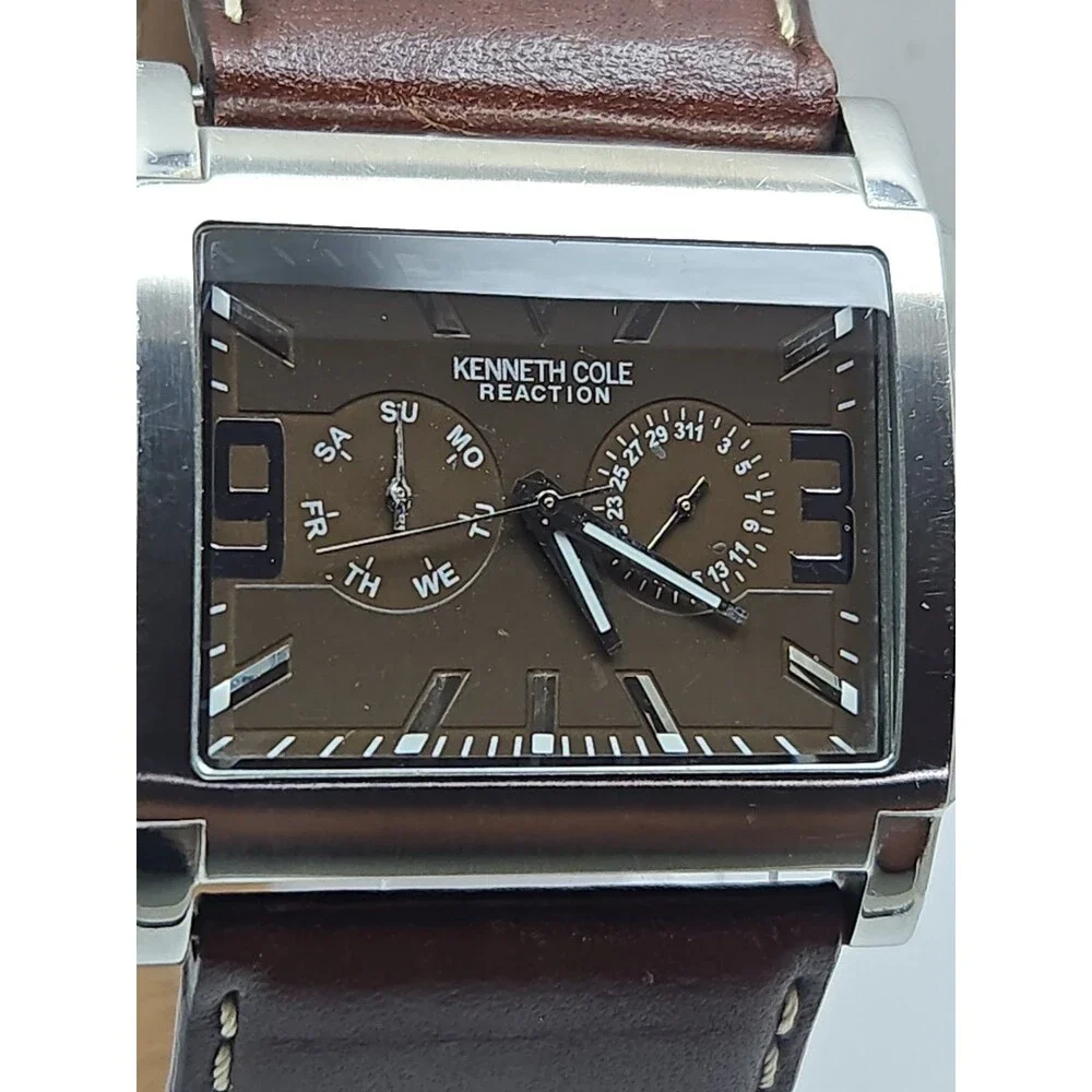 Kenneth Cole Reaction Mens Tank Brown Dial Date Leather Watch New Battery *READ
